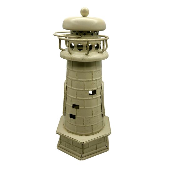 Lighthouse Candle Votive Holder Distressed Off White Metal 9.25" High Nautical - Picture 4 of 8